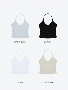 Halter neck backless tops in baby blue, black, milk white, and soybean beige colors