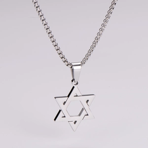 Detailed view of silver stainless steel hexagonal star pendant with durable box chain