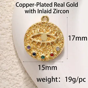 Golden Evil Eye pendant with hammered texture and colorful zircon inlays for jewelry DIY