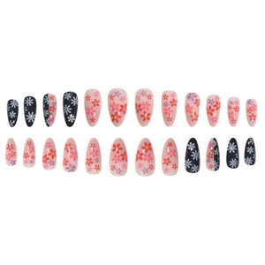 Pink almond press-on nails set with delicate blue floral patterns for daily wear