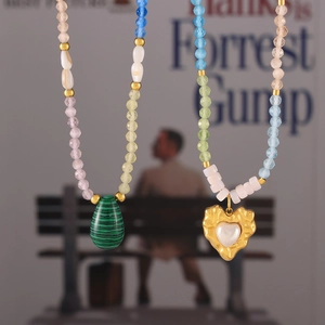 Chic Gold Plated Stainless Steel Natural Stone Malachite Heart Teardrop Pendant Beaded Necklace For Women Bohemian Jewelry