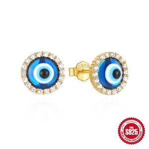 S925 sterling silver evil eye stud earrings with blue enamel and sparkling zircon stones