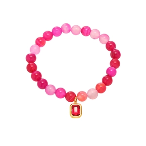 Pink agate beaded bracelet with a gold square pendant and faceted red gemstone