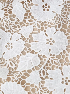Gros plan sur la dentelle florale blanche avec broderie raffinée et doublure nude