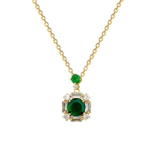 Elegant gold square emerald pendant necklace with halo of brilliant crystals on thin chain