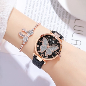 Elegant women's quartz watch with black leather strap and glittery butterfly dial set