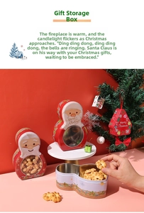 Macro detail of Christmas tin gift boxes with clear windows showing festive cookies