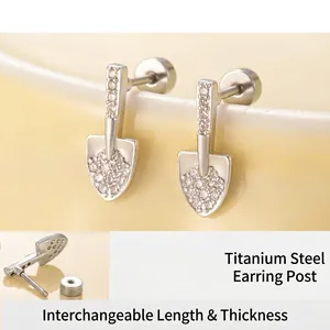 Shovel Stud Earring Cartilage Piercing Titanium Steel Copper Zircon Screw Back Silver Jewelry Novelty Small Unique