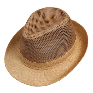 Men's breathable mesh straw fedora hat in khaki with wide brim for summer sun protection