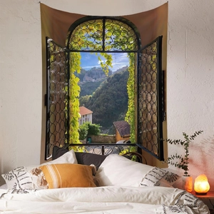 Detail of bohemian tapestry featuring a window view with green plants and countryside scenery