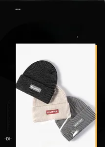 Detailed knit texture of New York patch beanies in black, beige, and dark grey colors