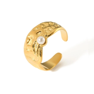 Lava textured 18k gold plated stainless steel open ring featuring a round white pearl