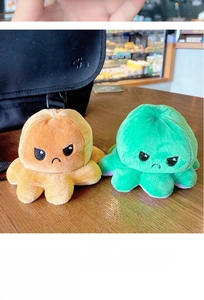 Detail of reversible plush octopus showing orange and green colors and angry expression
