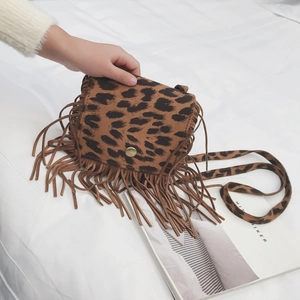 Kids leopard print crossbody bag with tassel fringe and vintage round metal snap button