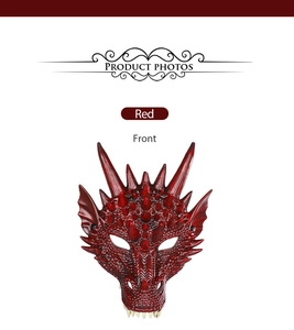 Detailed front view of the red 3D dragon mask with realistic scales and sharp teeth