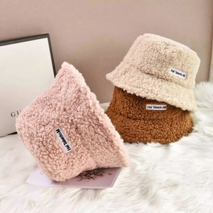Thick plush lamb wool bucket hats for women in pink beige and brown for winter warmth