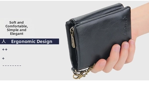 Close-up of a black textured leather wallet for men featuring a secure metal security chain