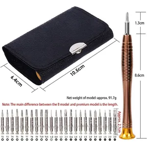 25-in-1 precision screwdriver set macro detail showing various bits and leather case