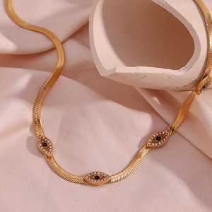 18K gold plated stainless steel snake chain necklace with evil eye pendants and crystals