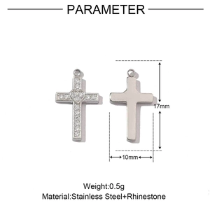 Detailed size parameters of silver stainless steel cross pendant with a rhinestone heart