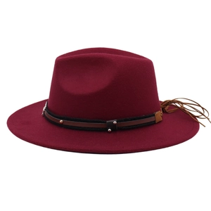 Classic burgundy fedora hat with leather band, metallic studs and fringe detail