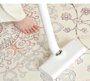 Vacuum cleaner attachment cleaning a French floral rug in a beige and pink luxury style