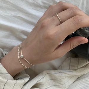 Minimalist S925 sterling silver double-layer bead bracelet and zircon ring for women