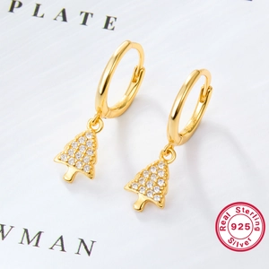 925 sterling silver gold Christmas tree hoop earrings with sparkling zircon stones