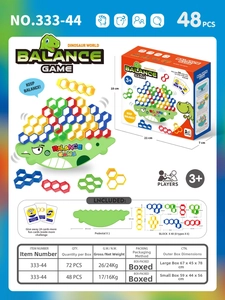 Detailed set view of dinosaur balance game with 48 colorful blocks and base dimensions