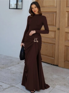 Long Sleeve Maxi Dress Ruched Waist Metal Buckle Mock Neck Polyester Spandex Party Evening Banquet Elegant Bodycon