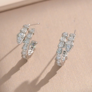Detailed view of silver snake-shaped earrings set with sparkling clear gemstones
