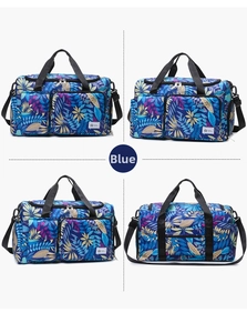 Blue travel bag with leaf pattern showing multi-angle views and adjustable straps