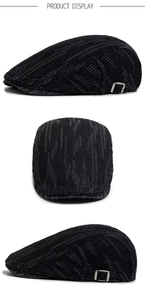 Three-angle view of vintage denim flat cap featuring textured fabric and metal buckle