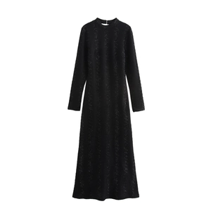Elegant Black Long Sleeve Maxi Dress Sequin Shimmer Backless Mock Neck High Waist Slim Fit Evening Banquet Party For Women