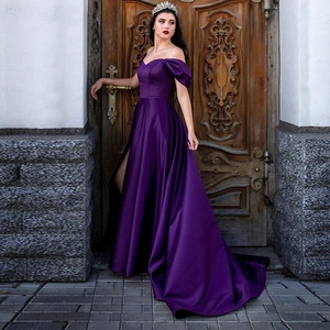 Elegant deep purple satin evening gown with V-neck, single puff sleeve and high leg slit