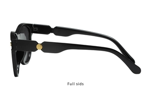 Side view of black glossy sunglasses with distinctive gold circular hinge decoration