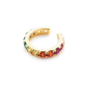 Rainbow micro-pave 18K gold plated cuff earring with colorful zircon stones on white background