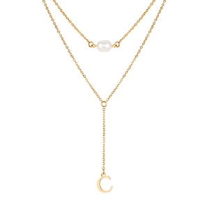 Double-layered gold necklace for women featuring a white pearl and a letter C pendant