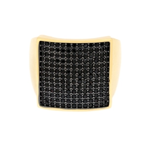 Macro shot of 18K gold plated square ring featuring dense black micro-pave crystals
