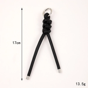 Minimalist black braided leather keychain 17cm length with silver metal clasp