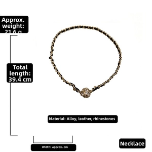Detail of leather-wrapped chain necklace with rhinestone ball pendant and dimensions