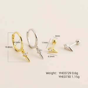 925 silver stud earrings and hoop set with gold and silver cone charms and zircons