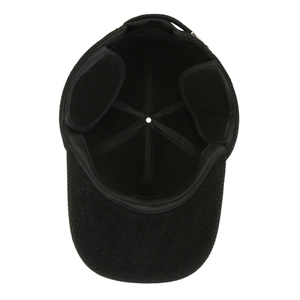 Winter men's baseball cap in black wool with thermal ear flaps and fleece lining