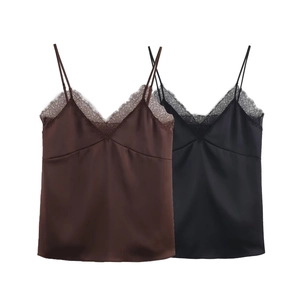 Top In Raso Sexy Da Donna Scollo A V Pizzo Ciglia Spalline Sottili Senza Maniche Canotta Tinta Unita