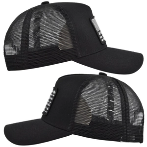 Detail view of black trucker hat showing breathable mesh and embroidered fish patch
