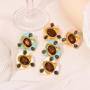 Retro irregular round stainless steel earrings with colorful zircon and enamel inlay