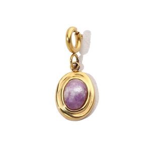 Detailed macro view of the purple oval gemstone pendant set in a golden stainless steel frame