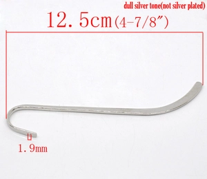 Dull silver alloy bookmark hook 12.5cm long with dimensions and material detail