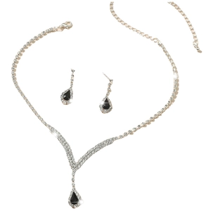 Elegant silver jewelry set with black teardrop pendant necklace and matching earrings