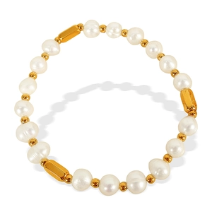 Elegant freshwater pearl bracelet with gold metallic beads on a white background